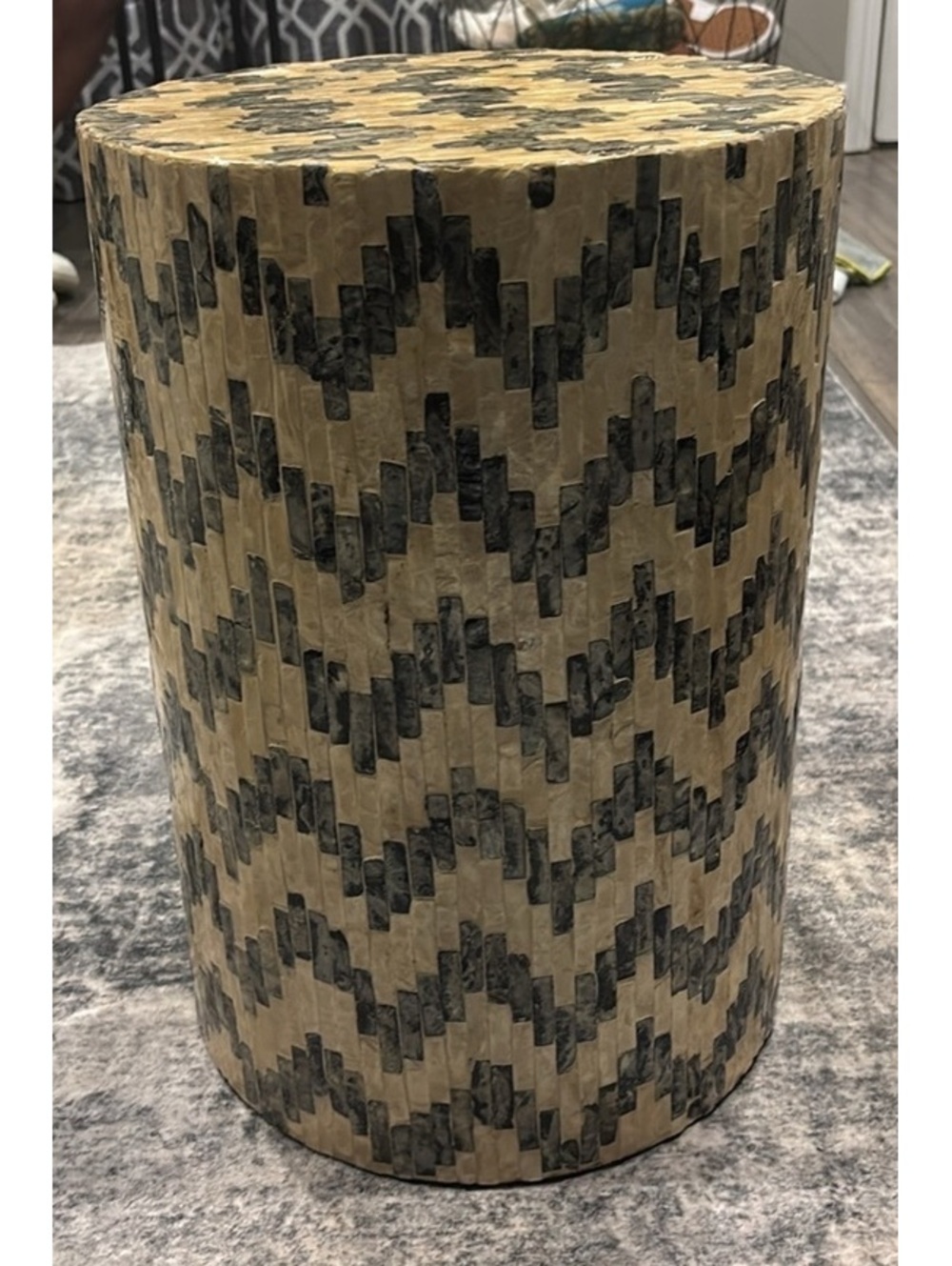 Capiz Shell Mosaic Drum Side Table Stool Black Cream Geometric Boho Accent